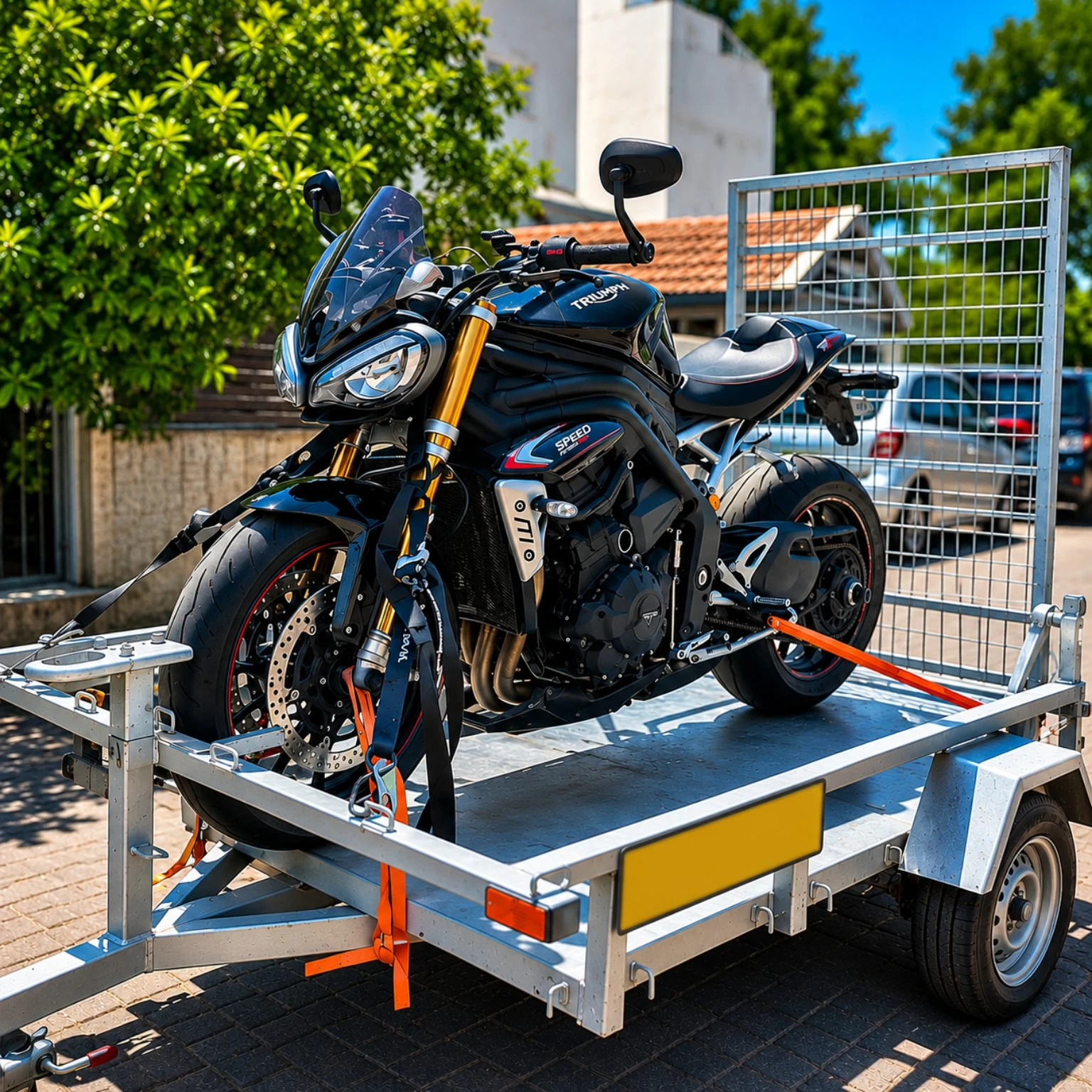 אופנוע Triumph שחור קשור על נגרר